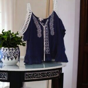 Love, Fire Women's XS Blue Boho Crop Top Tank Top with tassels